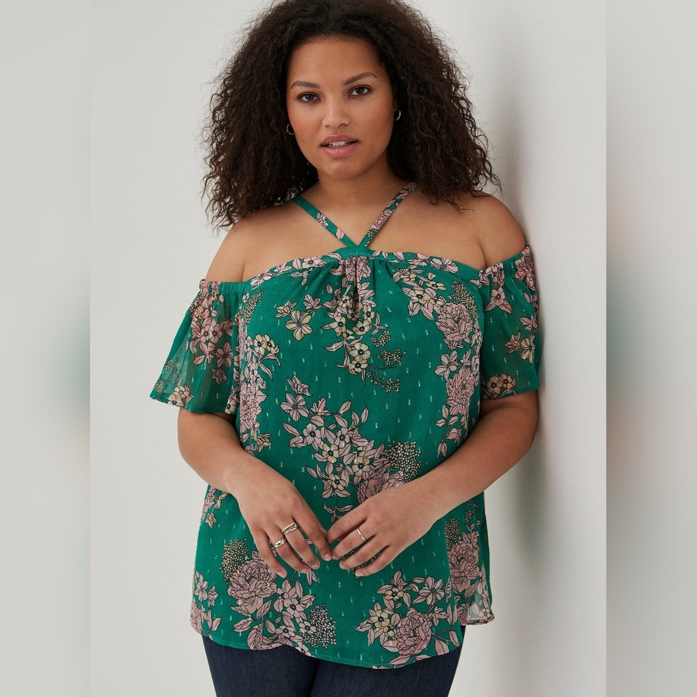 Torrid Cold Shoulder Halter Top - Crinkle Chiffon Floral Green size 2(X)